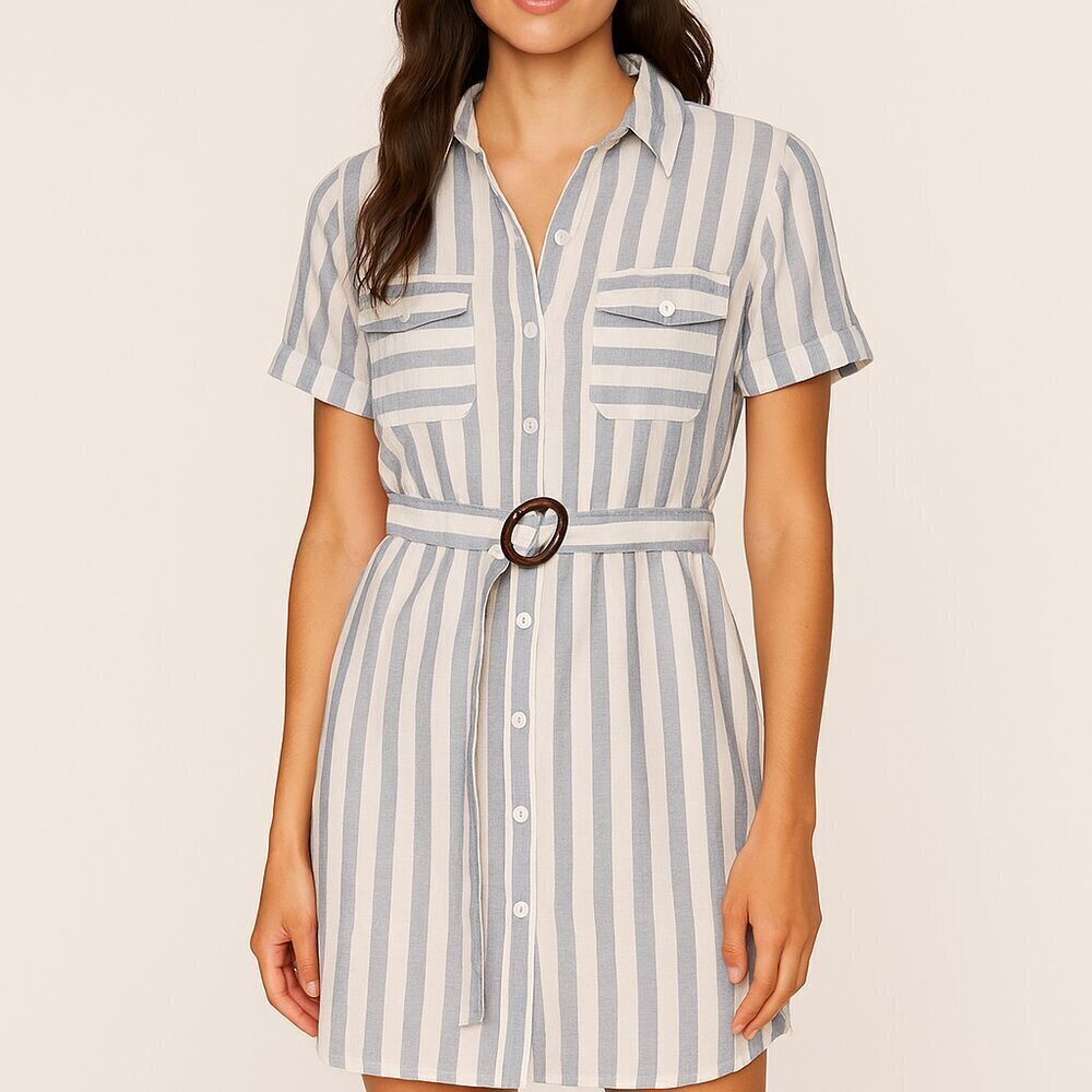 Heartloom Blue White Striped Shirt Dress Medium Belted 100% Cotton